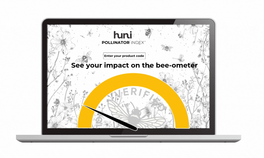huni Pollinator Index bee-o-meter — animated gauge showing verified biodiversity impact