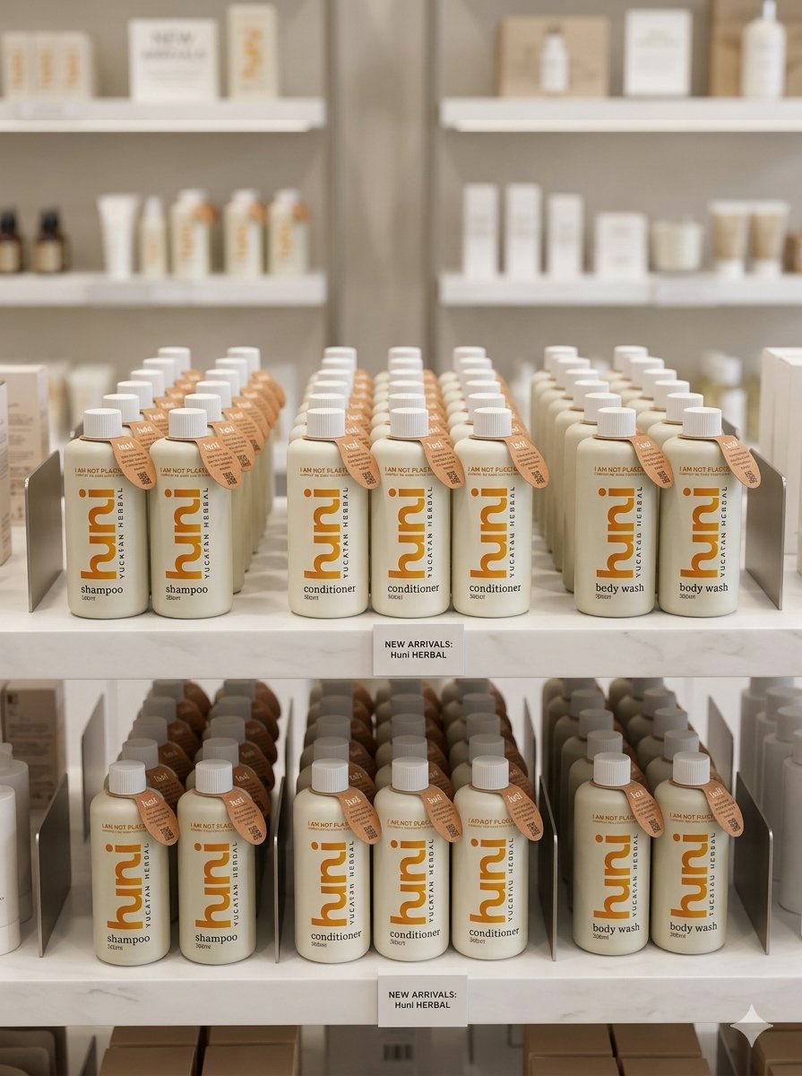 huni products displayed on premium retail shelves
